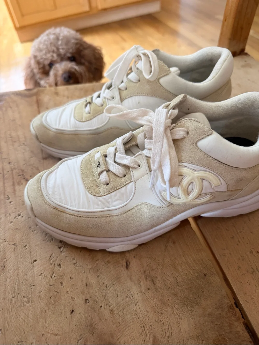 CHANEL White & Cream Leather Suede Women’s Sneakers
